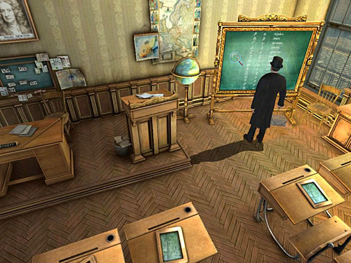 Look at it: there is a Greek alphabet - Reveal What Is Written on the Other Side of the Blackboard | Explosion in Becketts Residence - Explosion in Becketts Residence - The Testament of Sherlock Holmes Game Guide