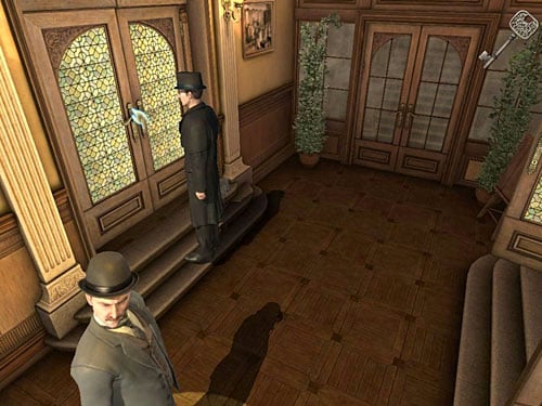 Glazed door opposite the classroom exit leads to Becketts office - Search Judges Office | Explosion in Becketts Residence - Explosion in Becketts Residence - The Testament of Sherlock Holmes Game Guide