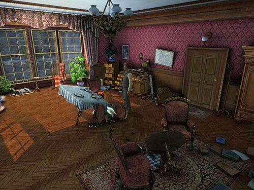 Take also a jacket from a fallen chair nearby the table - Complete Three Disguises | Hideout in Whitechapel - Hideout in Whitechapel - The Testament of Sherlock Holmes Game Guide