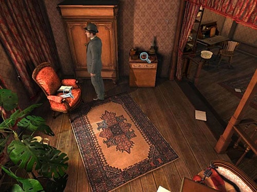 On a small cupboard you can see violin and score on an armchair - Open a Case | Hideout in Whitechapel - Hideout in Whitechapel - The Testament of Sherlock Holmes Game Guide