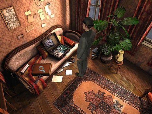Notice two cases on the sofa, one is attached to it with handcuffs - Open a Case | Hideout in Whitechapel - Hideout in Whitechapel - The Testament of Sherlock Holmes Game Guide