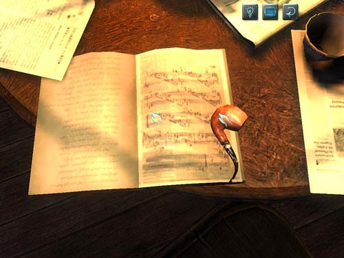 On the table, nearby pipe, localize musical newspaper (pick up both) - Open a Case | Hideout in Whitechapel - Hideout in Whitechapel - The Testament of Sherlock Holmes Game Guide