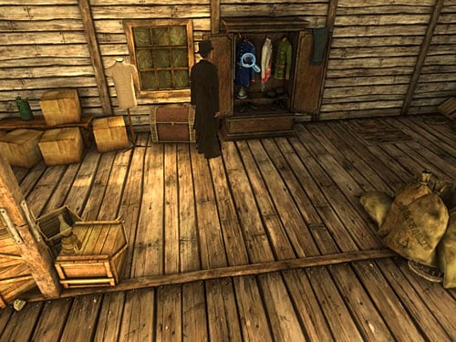 As Holmes, move forward and notice an open wardrobe with ceremonial parade uniforms - Search an Attic | A Fire in Sawmill - A Fire in Sawmill - The Testament of Sherlock Holmes Game Guide