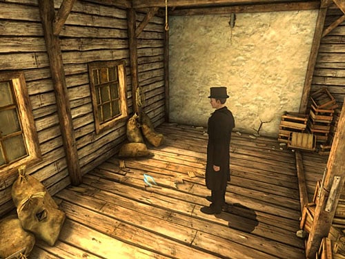 Notice also boards nearby bags standing under window: when Holmes walks over them, they creak - Check a Broken Floorboard | A Fire in Sawmill - A Fire in Sawmill - The Testament of Sherlock Holmes Game Guide