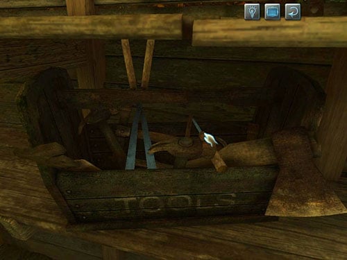 From a toolbox on left pick up a screwdriver - Check a Broken Floorboard | A Fire in Sawmill - A Fire in Sawmill - The Testament of Sherlock Holmes Game Guide