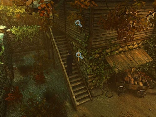 Going upstairs, notice two window - Check a Broken Floorboard | A Fire in Sawmill - A Fire in Sawmill - The Testament of Sherlock Holmes Game Guide