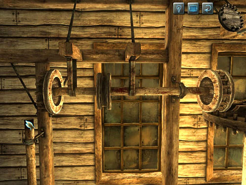 The one he found before should be inserted on a stake on left from axis - Destroy False Wall (2) | A Fire in Sawmill - A Fire in Sawmill - The Testament of Sherlock Holmes Game Guide