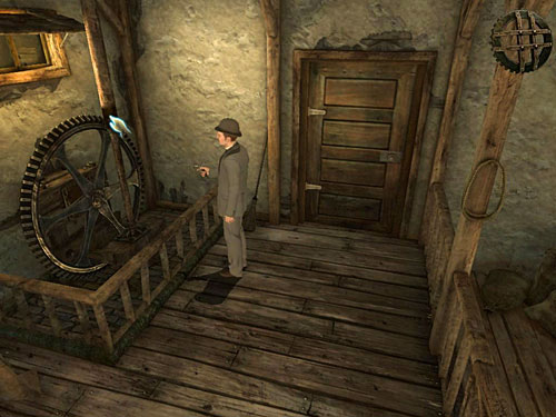 Move to exit and install at a big, rotating wheel on left from door - Destroy False Wall (2) | A Fire in Sawmill - A Fire in Sawmill - The Testament of Sherlock Holmes Game Guide