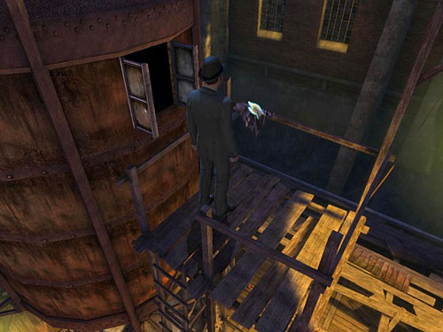 Take a dry duster from railing and climb down - Find Out, What Is Happening in the Warehouse | A Grand Final in the Fun Fair - A Grand Final in the Fun Fair - The Testament of Sherlock Holmes Game Guide
