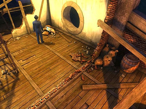 Now, go right from reservoir and at next sacks (by the great hole in the wall) pick up another piece of rope - Find Out, What Is Happening in the Warehouse | A Grand Final in the Fun Fair - A Grand Final in the Fun Fair - The Testament of Sherlock Holmes Game Guide