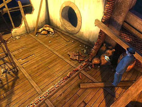 Another piece of rope lies on bags nearby a barrel (right of circular hole) - Find Out, What Is Happening in the Warehouse | A Grand Final in the Fun Fair - A Grand Final in the Fun Fair - The Testament of Sherlock Holmes Game Guide