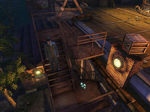 Return to car cable and climb down the stairs on the left - Find Out, What Is Happening in the Warehouse | A Grand Final in the Fun Fair - A Grand Final in the Fun Fair - The Testament of Sherlock Holmes Game Guide