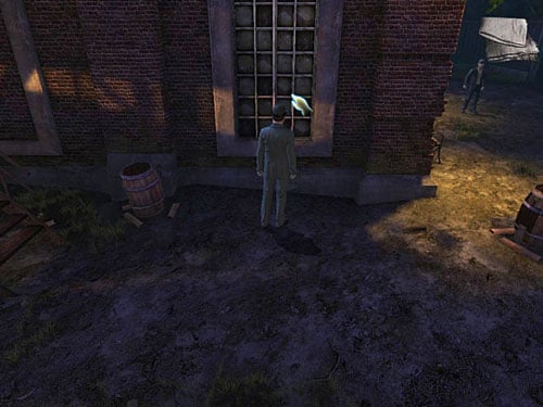 Try to see whats happening inside the building on the right of stairs, but its too dirty and cant be cleaned with a dry duster - Find Out, What Is Happening in the Warehouse | A Grand Final in the Fun Fair - A Grand Final in the Fun Fair - The Testament of Sherlock Holmes Game Guide