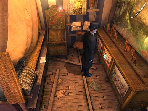 Notice a central poster at a shelf - Open a Secret Box | A Grand Final in the Fun Fair - A Grand Final in the Fun Fair - The Testament of Sherlock Holmes Game Guide