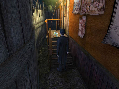 Go to the house on right and via narrow passage between house and fence - Get Rid of the First Guard | A Grand Final in the Fun Fair - A Grand Final in the Fun Fair - The Testament of Sherlock Holmes Game Guide