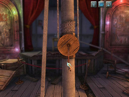 Rotate it - you will move a hook from under the ceiling over a cage with the mad man - Take Care of the Second Guard | A Grand Final in the Fun Fair - A Grand Final in the Fun Fair - The Testament of Sherlock Holmes Game Guide