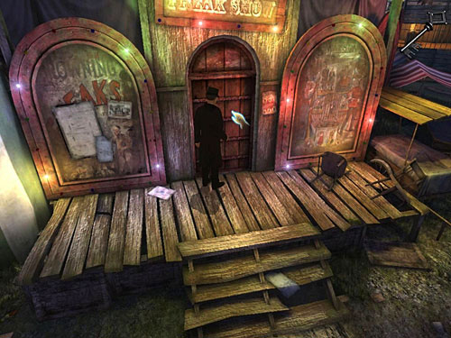 When guard goes inside, go under an entrance to Freak Show and close the door with the key youve found - Take Care of the Second Guard | A Grand Final in the Fun Fair - A Grand Final in the Fun Fair - The Testament of Sherlock Holmes Game Guide