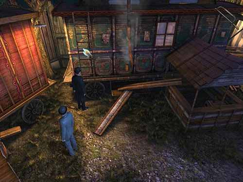 Leave the trailer and look at a ladder on the side wall - Get to the Haunted House | A Grand Final in the Fun Fair - A Grand Final in the Fun Fair - The Testament of Sherlock Holmes Game Guide