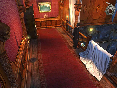 To do so, attach a rope to one of rung (you have to click at lower part of the first rung on the left of draped sheet) - Get to the Other Side of Gallery | A Grand Final in the Fun Fair - A Grand Final in the Fun Fair - The Testament of Sherlock Holmes Game Guide