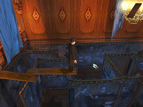 Walk on it and click another partition, so Holmes put another plank - Get to the Other Side of Gallery | A Grand Final in the Fun Fair - A Grand Final in the Fun Fair - The Testament of Sherlock Holmes Game Guide