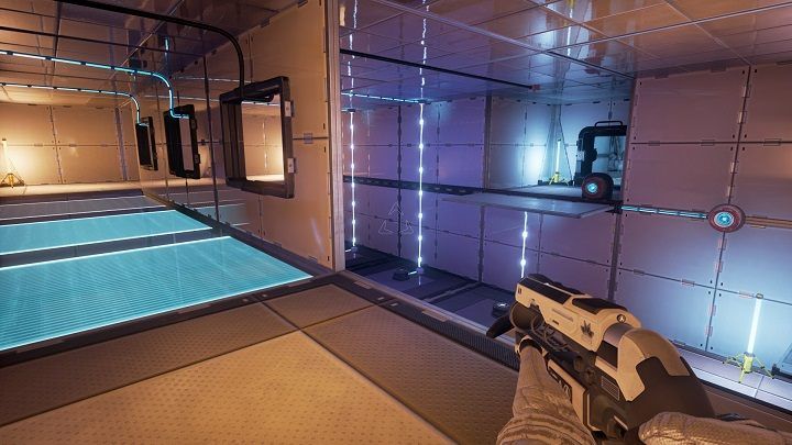 Jump over to the central energy platform and take the beam across the window from the device with the moving platform - Chapter 4 | Walkthrough - Walkthrough - The Turing Test Game Guide