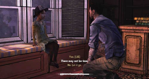 The last person to have a conversation with will be Clementine - Chapter 6: For Whom The Bell Tolls | Episode IV: Around Every Corner - Episode IV: Around Every Corner - The Walking Dead Game Guide