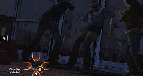 (3) Pick up the hatchet from the ground (Pick Up: Hatchet) - Chapter 5: Georgias Last City - Arrival & Battery | Episode IV: Around Every Corner - Episode IV: Around Every Corner - The Walking Dead Game Guide