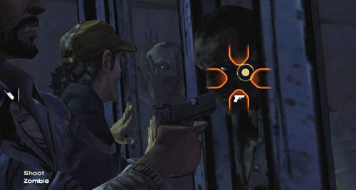 (2) Since the door will not close in this way, you will have to shoot the zombie in the head (Shoot: Zombie) - Chapter 5: Georgias Last City - Arrival & Battery | Episode IV: Around Every Corner - Episode IV: Around Every Corner - The Walking Dead Game Guide