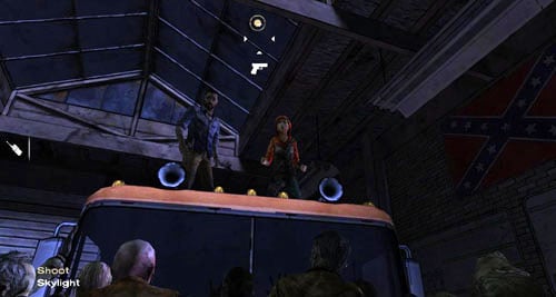 To get out of this place, go on the truck (Climb: Semi Truck) using the ladder on the right side of the truck and then shoot out the skylight above your heads (Shoot: Skylight) - Chapter 5: Georgias Last City - Arrival & Battery | Episode IV: Around Every Corner - Episode IV: Around Every Corner - The Walking Dead Game Guide