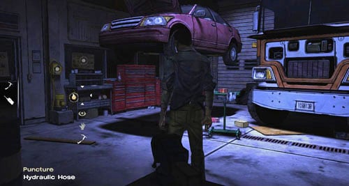 Here you can look at the raised car (Look At: Car) and a Warning Sign - Chapter 5: Georgias Last City - Arrival & Battery | Episode IV: Around Every Corner - Episode IV: Around Every Corner - The Walking Dead Game Guide