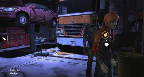 Start by talking with Molly and ask her about everything - Chapter 5: Georgias Last City - Arrival & Battery | Episode IV: Around Every Corner - Episode IV: Around Every Corner - The Walking Dead Game Guide