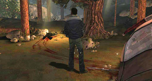 Walk around the police car holding the forward button - Chapter 1: Out of the Frying Pan | Episode I: A New Day - Episode I: A New Day - The Walking Dead Game Guide