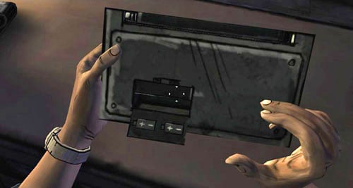 Point to either of Lees hands to Flip the Radio Over and then examine the Battery door - Chapter 5: Its Just One Bullet - In the pharmacy | Episode I: A New Day - Episode I: A New Day - The Walking Dead Game Guide