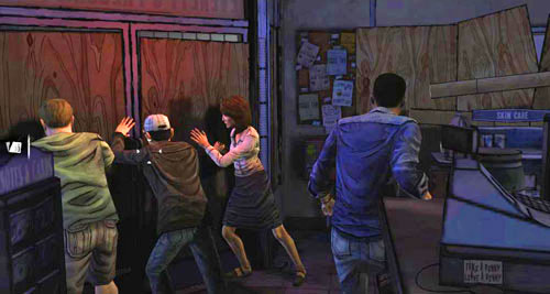 Run up as fast as you can to Doug, Carley and Glenn to replace the latter at the door - Chapter 7: Two Enter, One Leaves | Episode I: A New Day - Episode I: A New Day - The Walking Dead Game Guide