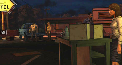 Then go to the foreground of the screen and right to meet with Carley or Doug - the presence of a given person depends, of course, on whether you came to his/her rescue - Chapter 7: Two Enter, One Leaves | Episode I: A New Day - Episode I: A New Day - The Walking Dead Game Guide