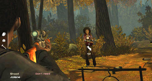 To do so, you will have to place the cursor on Jolene yourself and shoot her - Chapter 3: Thank you for shopping at Save Lots! - Searching for the bandits | Episode II: Starved for Help - Episode II: Starved for Help - The Walking Dead Game Guide