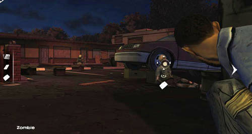 When you get to the new hiding place lean out to the left and use the pillow on the Zombie who is near the truck - Chapter 5: Its Just One Bullet - The Motor Inn | Episode I: A New Day - Episode I: A New Day - The Walking Dead Game Guide