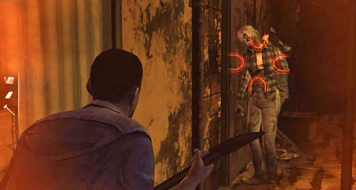 Get closer to the pair of zombies that are banging on the door - Chapter 5: Its Just One Bullet - The Motor Inn | Episode I: A New Day - Episode I: A New Day - The Walking Dead Game Guide