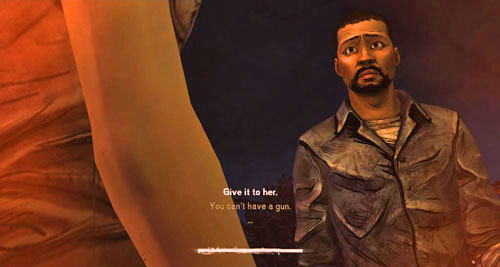 After a brief conversation, use the axe on the door and then open it - Chapter 5: Its Just One Bullet - The Motor Inn | Episode I: A New Day - Episode I: A New Day - The Walking Dead Game Guide