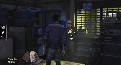 When you return to the pharmacy, you can finally talk to Glenn - Chapter 5: Its Just One Bullet - The Motor Inn | Episode I: A New Day - Episode I: A New Day - The Walking Dead Game Guide