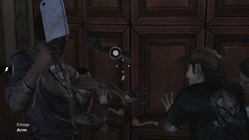 Lee runs to the front door, where you have to chop zombies Arms - Chapter 2: Siege | Episode V: No Time Left - Episode V: No Time Left - The Walking Dead Game Guide