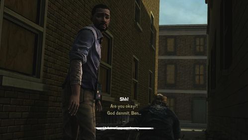 The action moves down, between buildings, where Kenny tries to get Ben out of balcony debris - Chapter 4: The Neighbors | Episode V: No Time Left - Episode V: No Time Left - The Walking Dead Game Guide