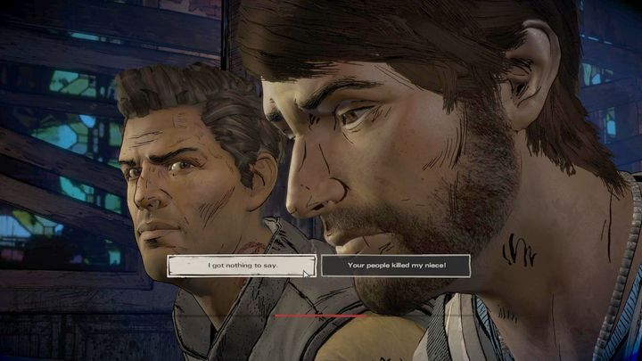 This takes place during the interrogation in chapter three - The Walking Dead: A New Frontier: Important choices Above the Law - The Walking Dead: A New Frontier: Episode 3 Above the Law - The Walking Dead: The Telltale Series - A New Frontier Game Guide