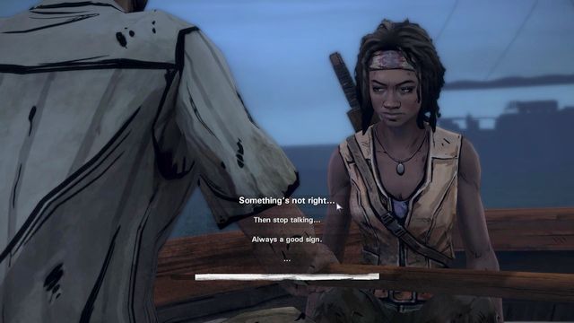 No matter how the conversation goes, you will approach the ferry - Chapter 3 | Episode 1: In Too Deep - Episode 1: In Too Deep - The Walking Dead: Michonne Game Guide
