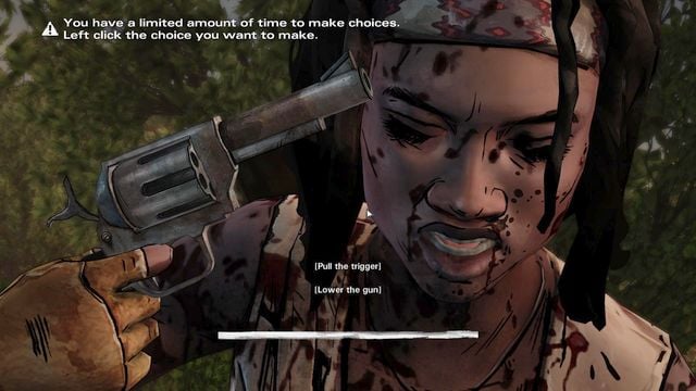 The first choice takes place in the first chapter of this episode - Important Choices | Episode 1: In Too Deep - Episode 1: In Too Deep - The Walking Dead: Michonne Game Guide
