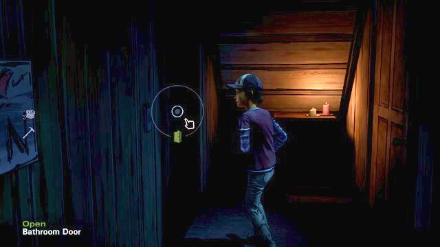 Enter the bathroom - The Walking Dead Season Two: Chapter 8 - Getting Supplies - The Walking Dead Season Two: Episode 1 All That Remains - The Walking Dead: Season Two Game Guide