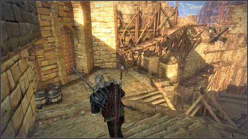 To return onto the castle walls you have to first head to the stairs on the opposite side of the courtyard - Barricade - Main missions - The Witcher 2 Assassins of Kings Guide