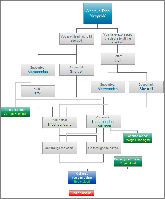 Although an important part of this mission is the choice of either to kill the she-troll or to help her, but is not too much to reflect on the future gameplay (only a little help) - Where is Triss Merigold? - Paths and consequences - act 2 - The Witcher 2 - Choices, Consequences & Endings - Game Guide and Walkthrough