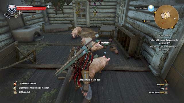 Gather the pigs under the windmill - The Witcher 3 Wild Hunt: Fools Gold - walkthrough - The Witcher 3: Free DLC - The Witcher 3 Wild Hunt Guide