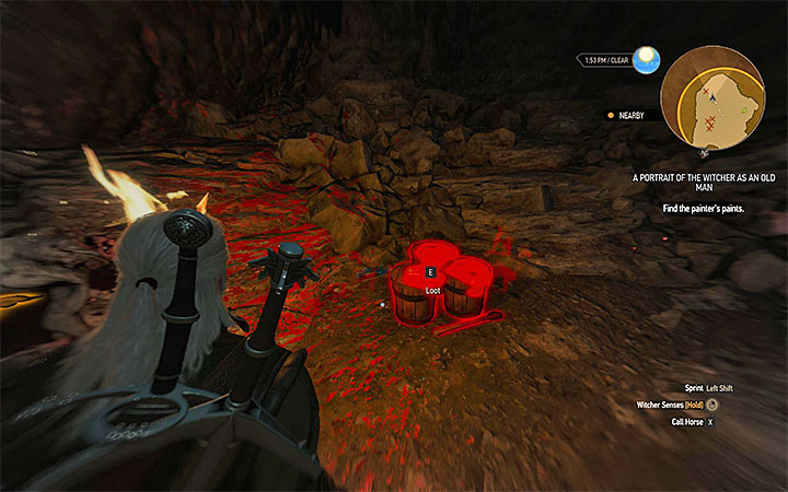 The place where you will find the paints in the cave - A Picture of the Witcher as an Old Man - Side quests - The Witcher 3: Blood and Wine Game Guide